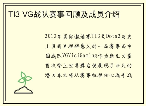 TI3 VG战队赛事回顾及成员介绍